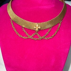 Art Deco Victorian Revival Gold Tone Mesh Fleur De Lis Choker